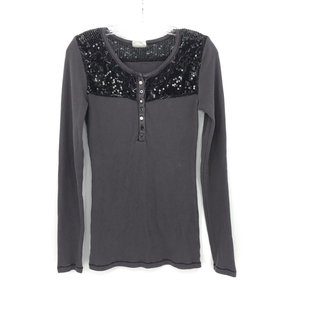 Free People Sequin Thermal Long Sleeve Gray Shirt